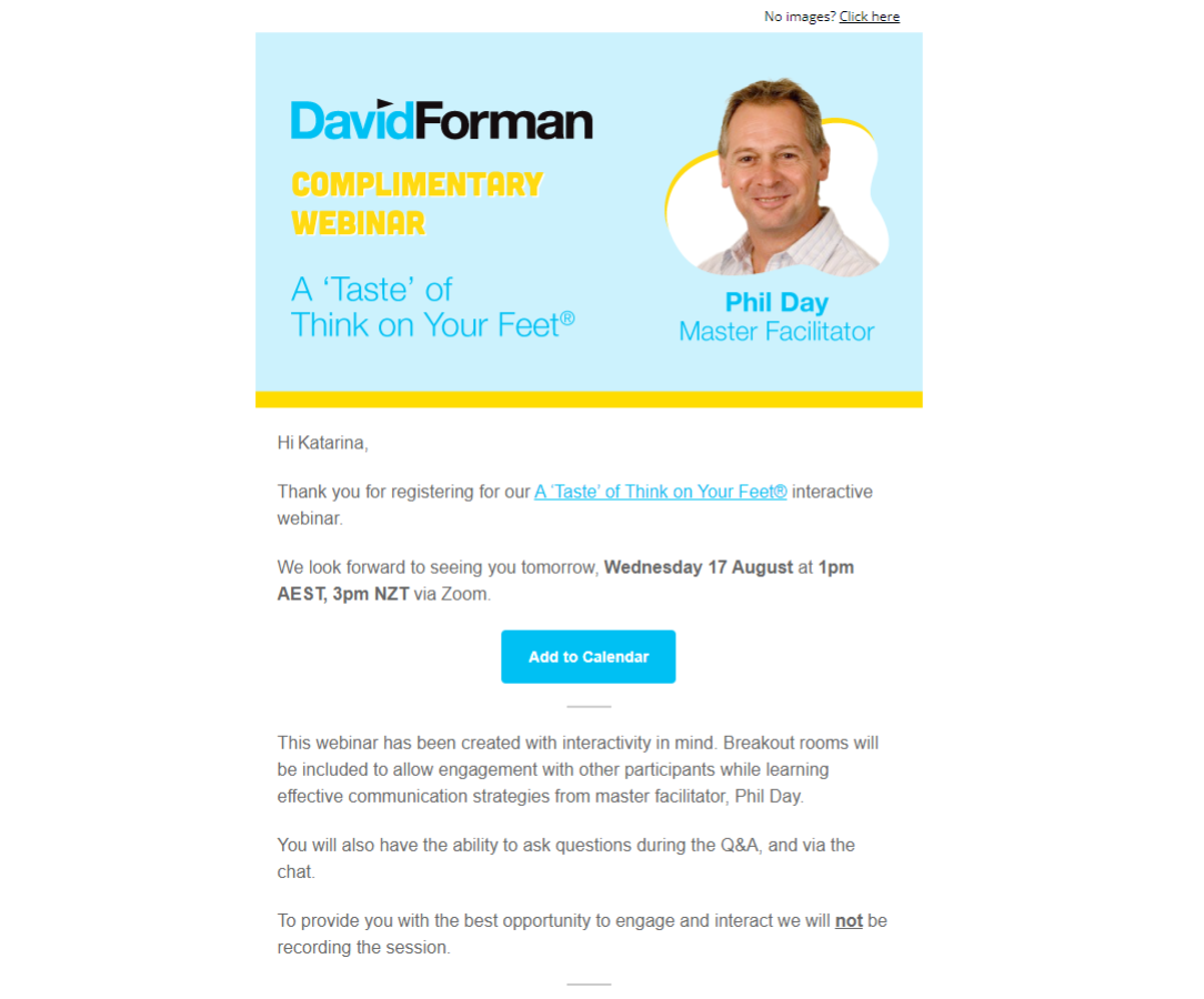 Invitation newsletter for a David Forman webinar