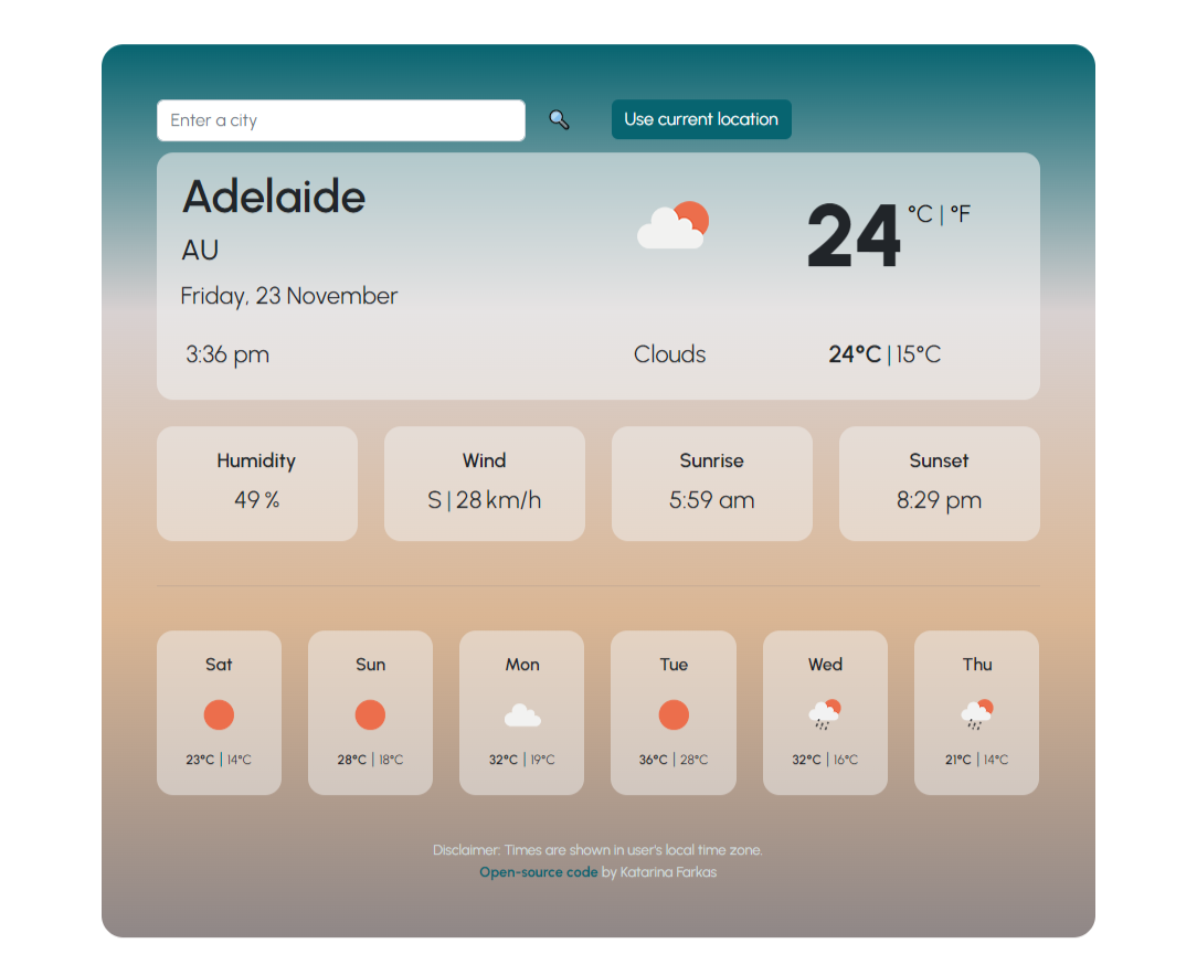 Webpage showing the current and forecast weather